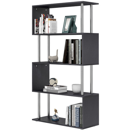 5-Tiers Wooden Bookcase Z-Shape Storage Bookshelf Display with Metal Frame for Living Room, Bedroom, Office, Black