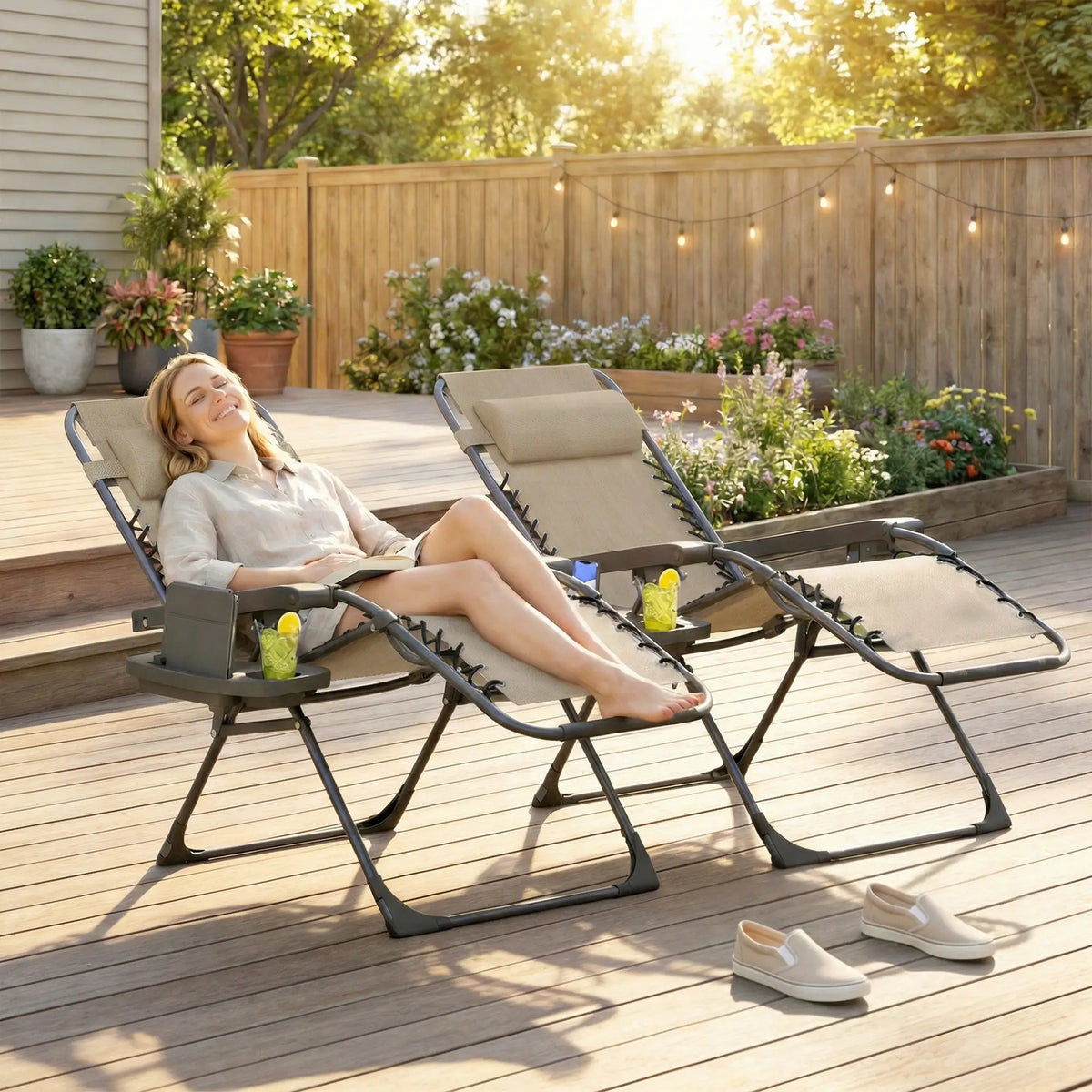 Zero Gravity Chair Set, Folding Reclining Outdoor Lounge, Light Brown Lounger Chairs at Gallery Canada