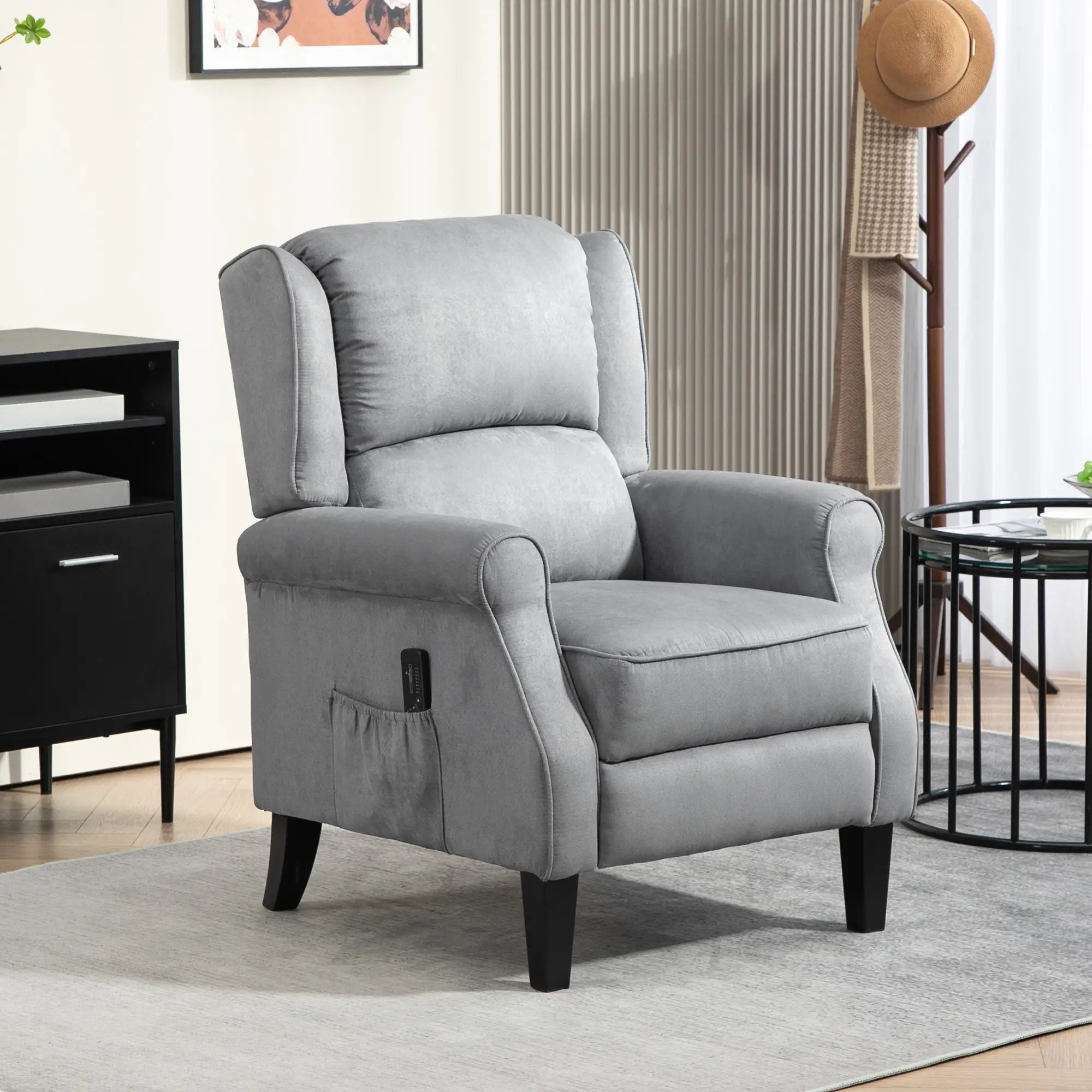 Push Back Recliner Chair, Vibration Massage, Extendable Footrest, Remote, Pocket, Grey Single Sofas at Gallery Canada
