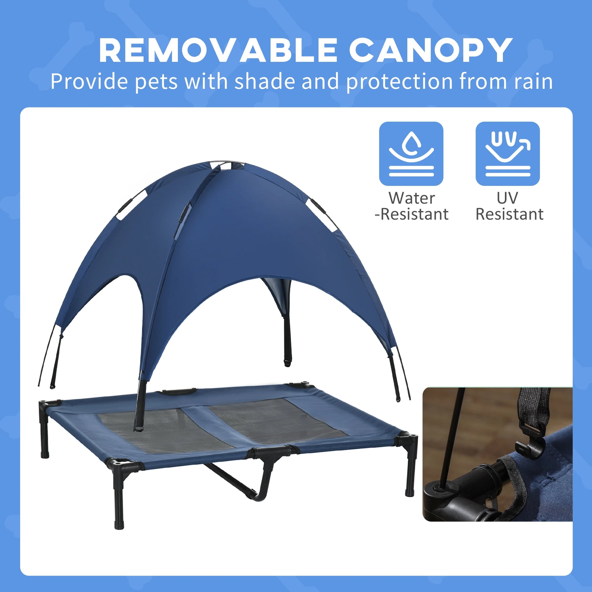 Elevated Dog Bed with Canopy, Portable Raised Dog Cot, L Size, 36" x 30" x 35", Dark Blue Elevated Dog Beds at Gallery Canada