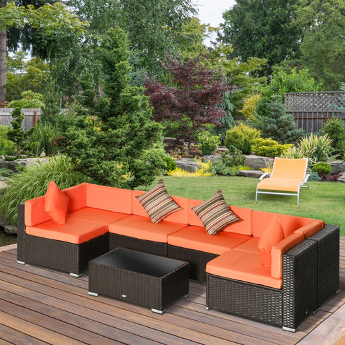 7pcs Garden Wicker Sectional Set, Tea Table, Patio Rattan Sofa, Cushion, Outdoor Deck, Orange
