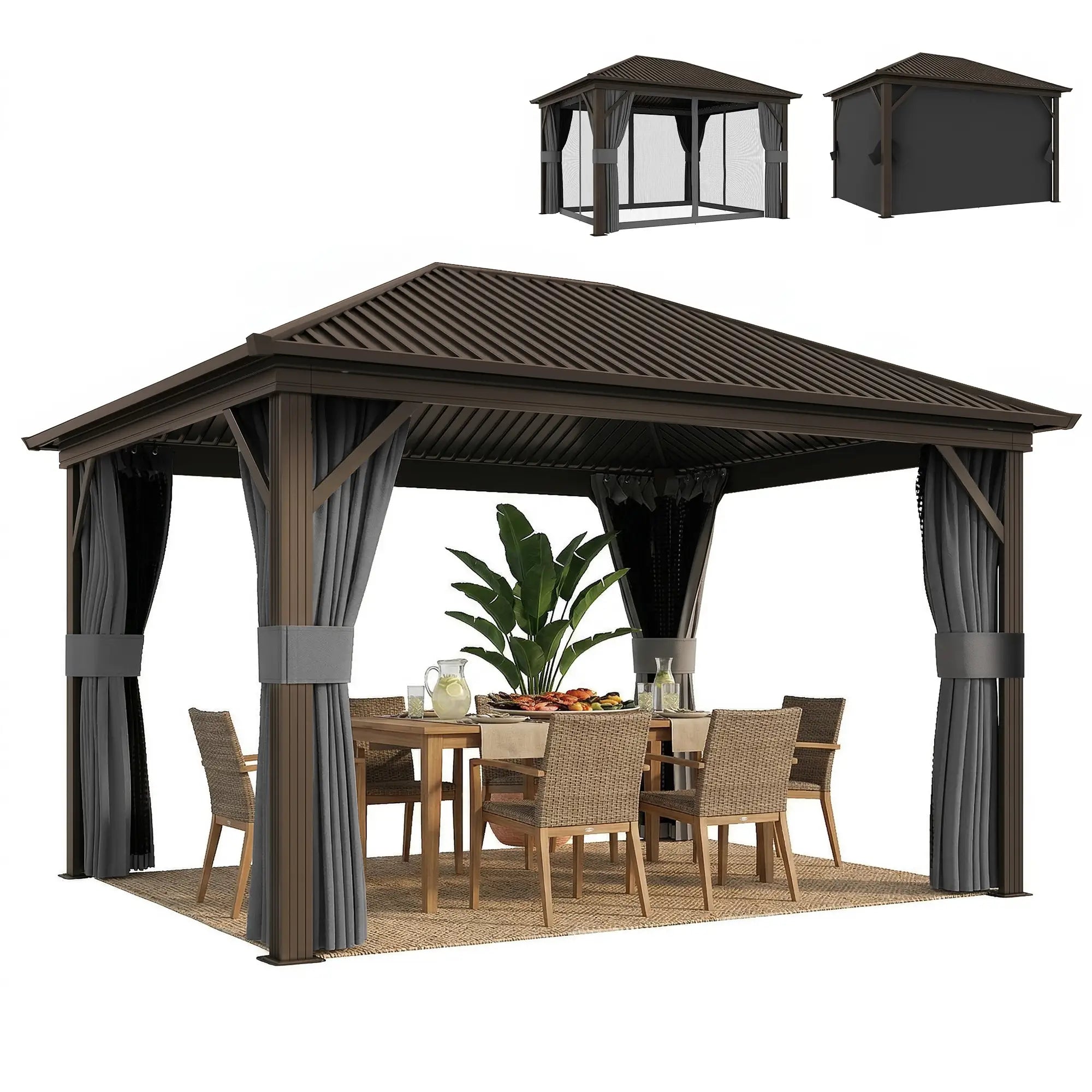 10' x 12' Hardtop Gazebo, Metal Roof, Aluminum Frame, Mesh Nettings, Dark Grey Gazebos at Gallery Canada