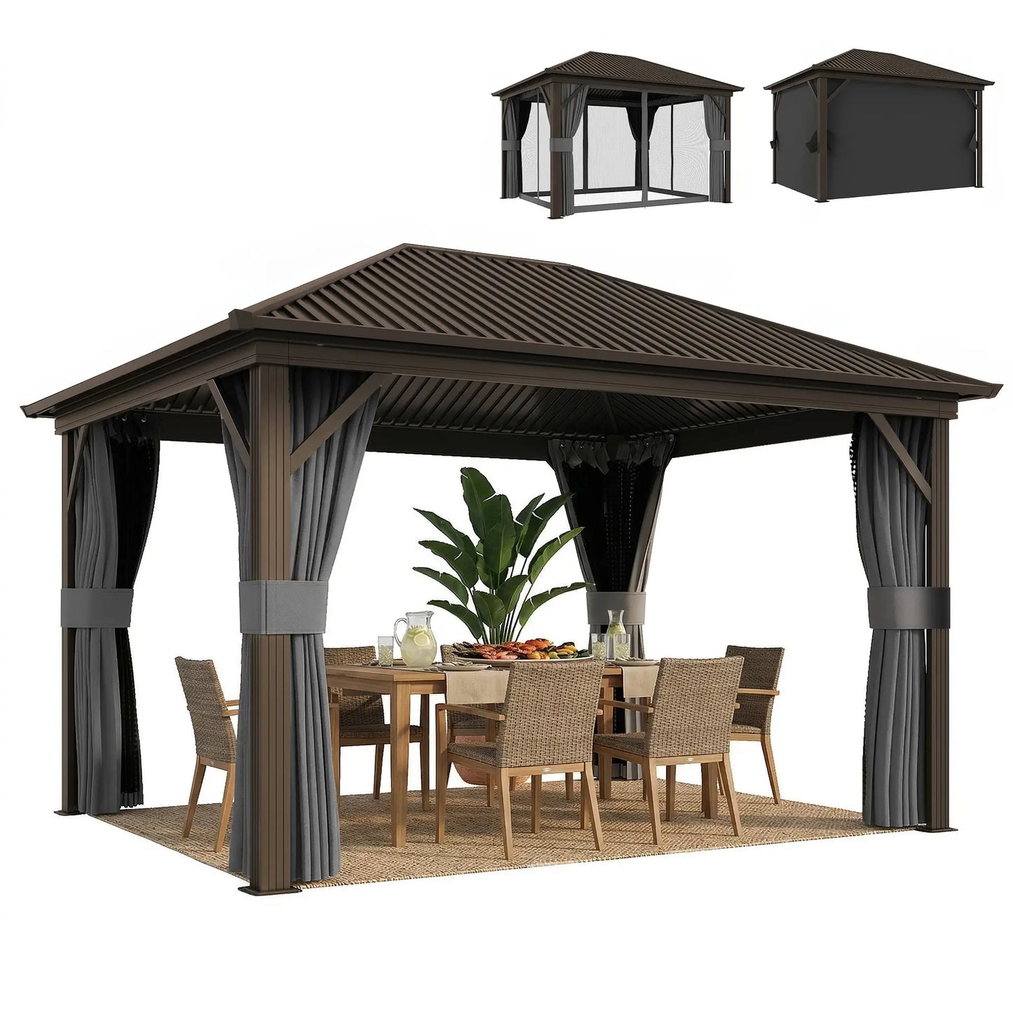 10' x 12' Hardtop Gazebo, Metal Roof, Aluminum Frame, Mesh Nettings, Dark Grey Gazebos at Gallery Canada