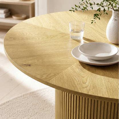 43.3 Inch Round Dining Table For 4-6, Fluted Pedestal, Oak Dining Tables at Gallery Canada