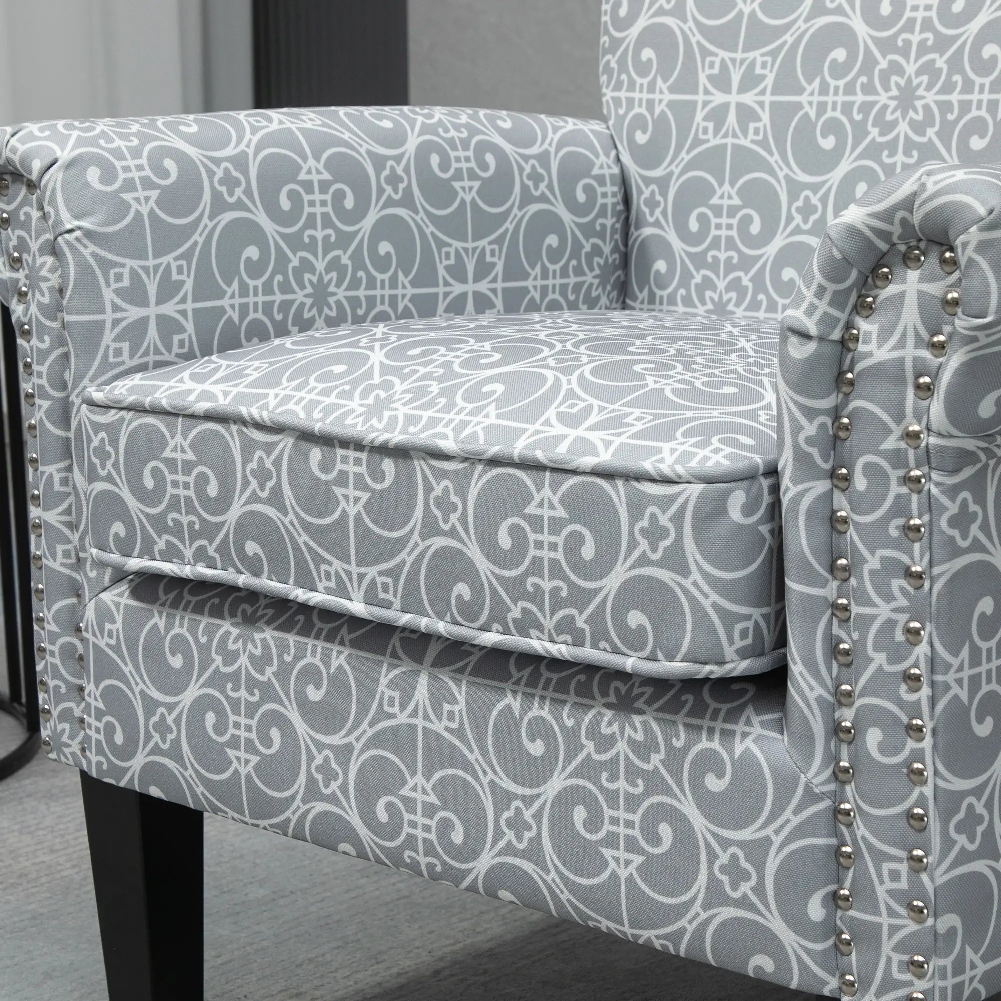 Upholstered Accent Chair, Soft Linen Fabric, Rolled Armrest, Grey Single Sofas at Gallery Canada