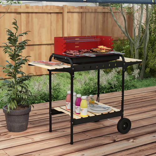Charcoal Barbecue Grill, Adjustable Height, Portable BBQ Trolley, Red