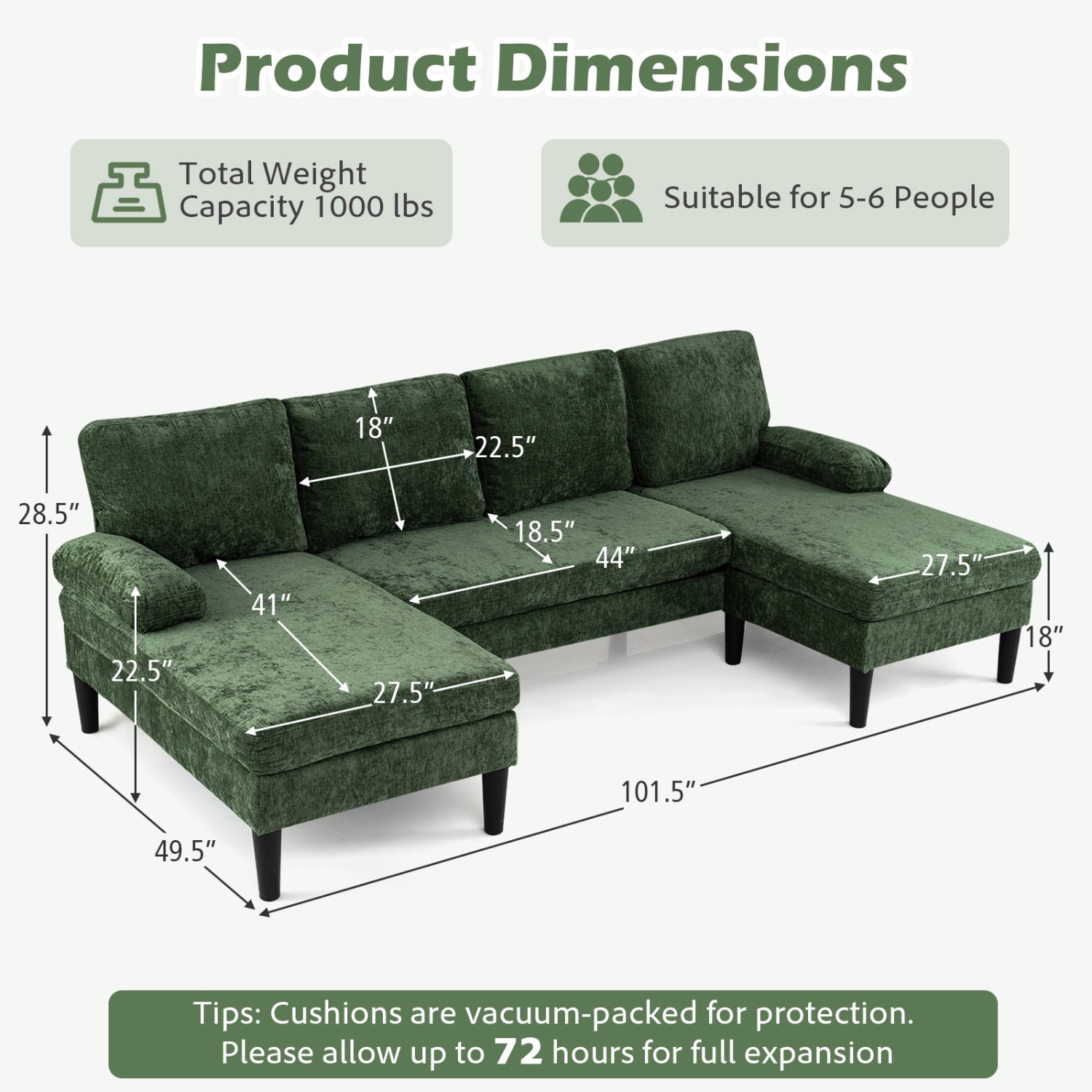 U-Shaped Sectional Couch With Double Chaise, Green Sofas & Loveseats at Gallery Canada