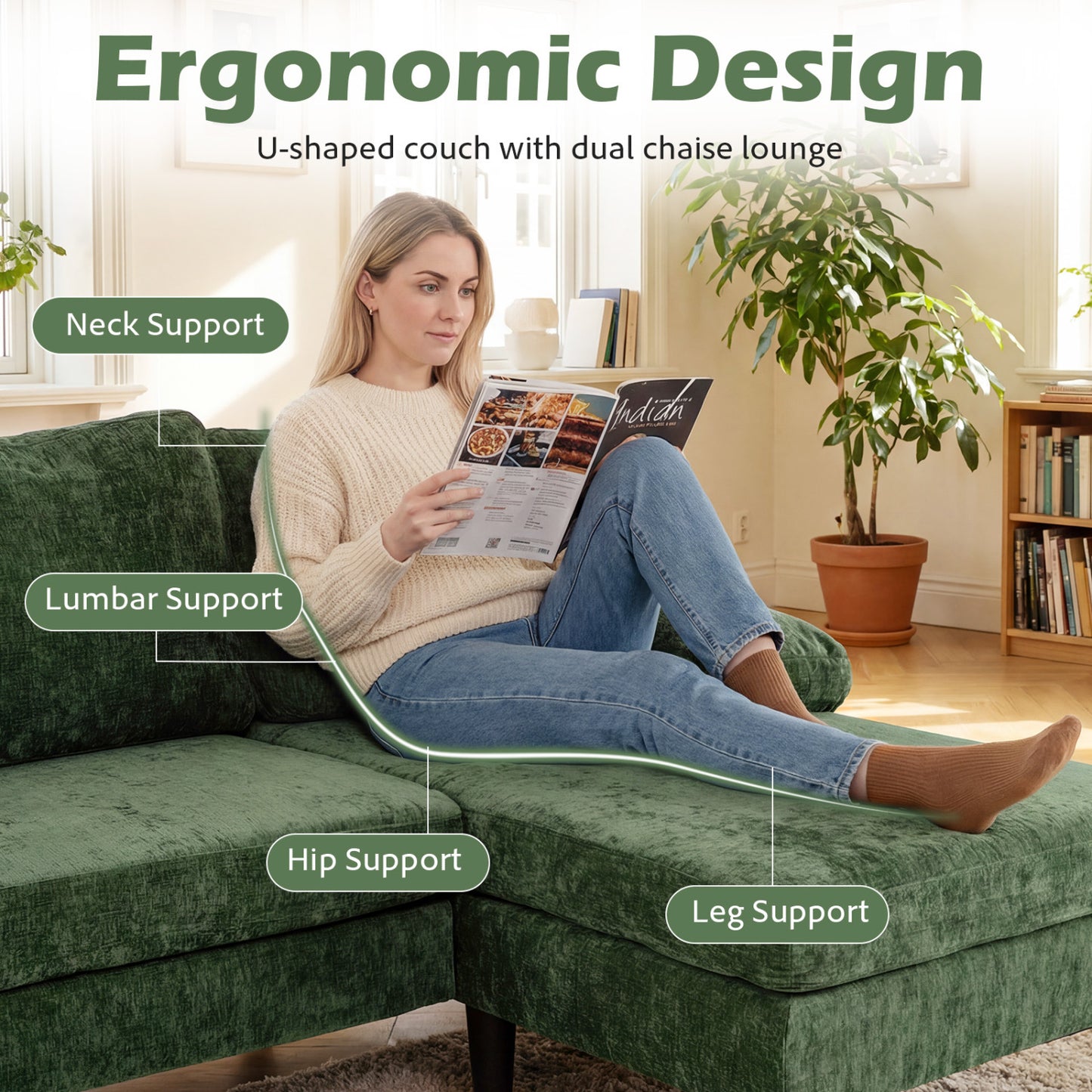 U-Shaped Sectional Couch With Double Chaise, Green Sofas & Loveseats at Gallery Canada