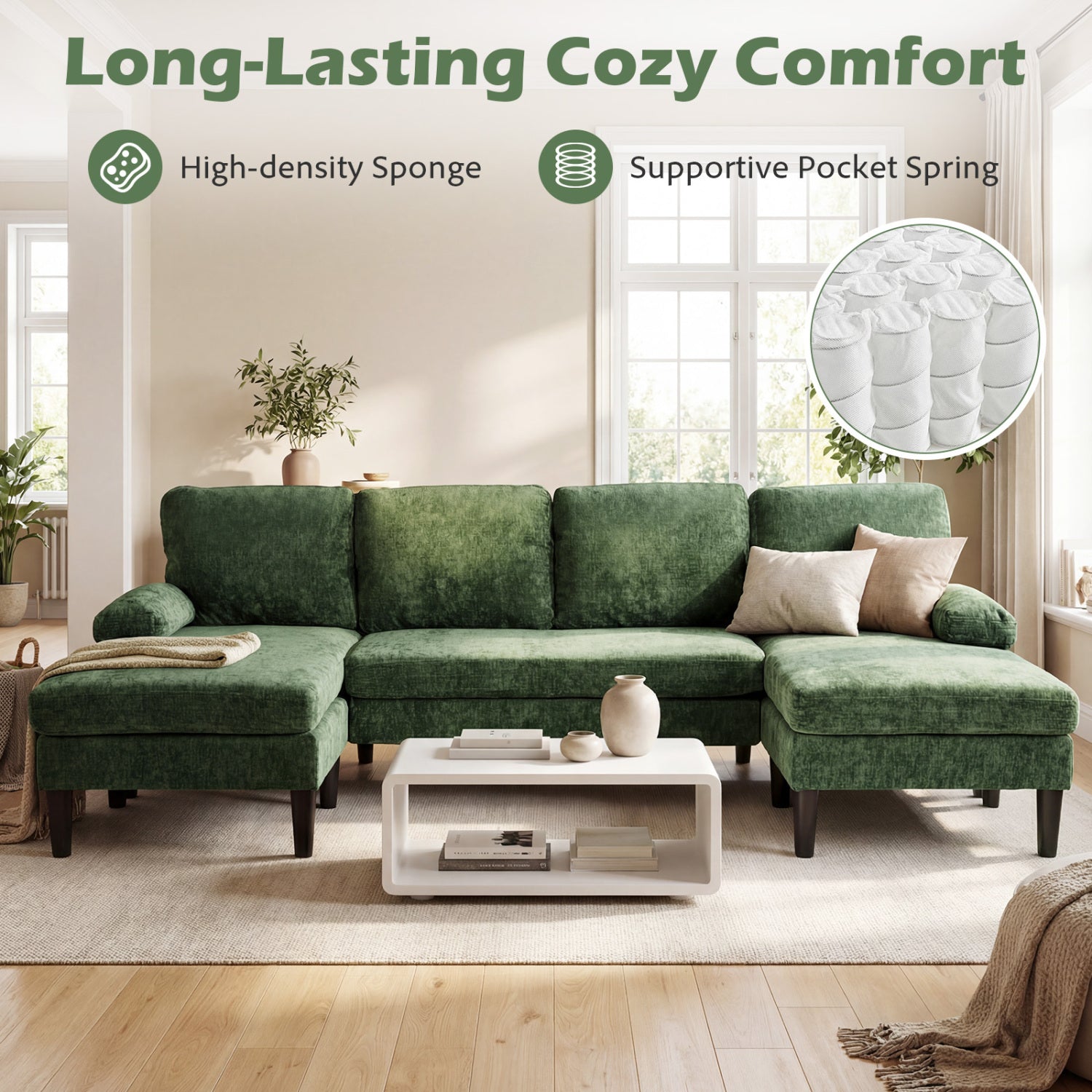 U-Shaped Sectional Couch With Double Chaise, Green Sofas & Loveseats at Gallery Canada