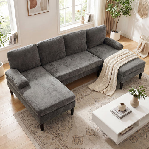U-Shaped Sectional Couch With Double Chaise, Grey