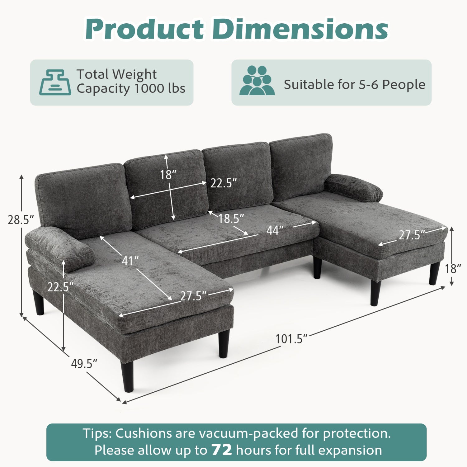 U-Shaped Sectional Couch With Double Chaise, Grey Sofas & Loveseats at Gallery Canada