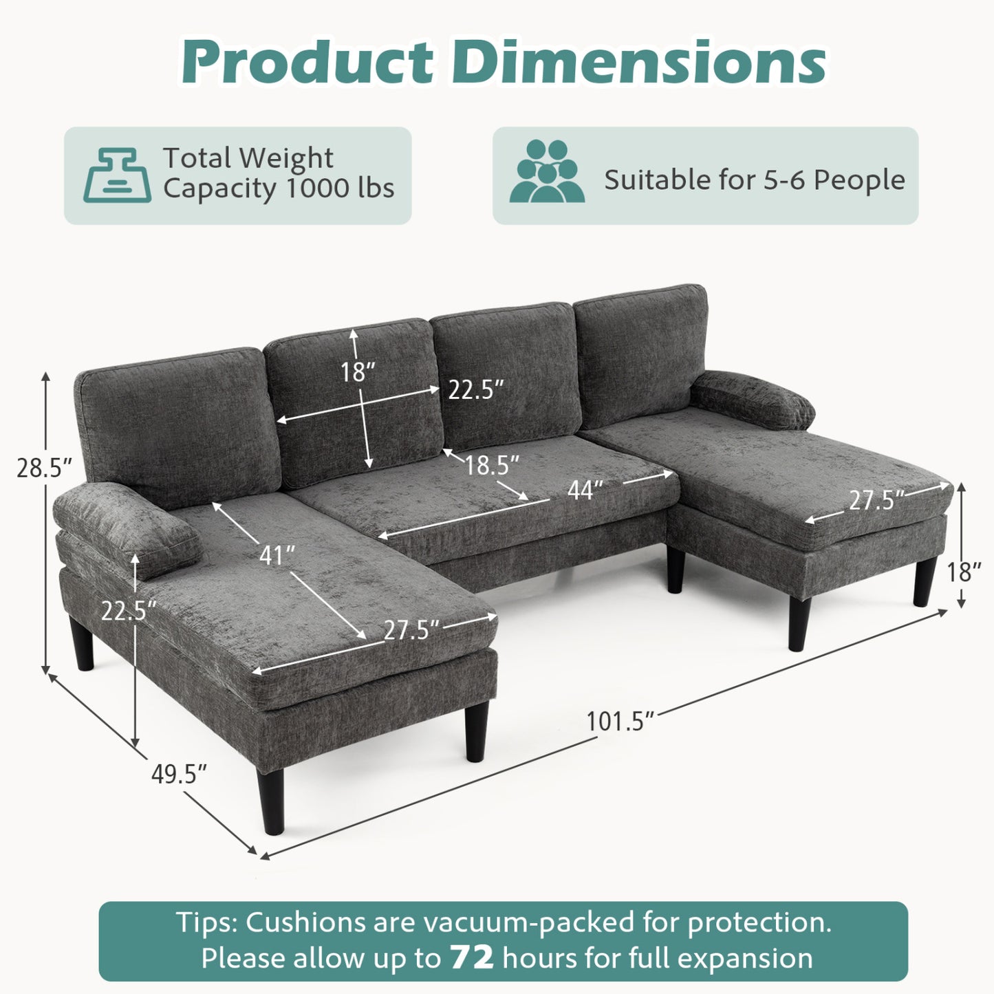 U-Shaped Sectional Couch With Double Chaise, Grey Sofas & Loveseats at Gallery Canada