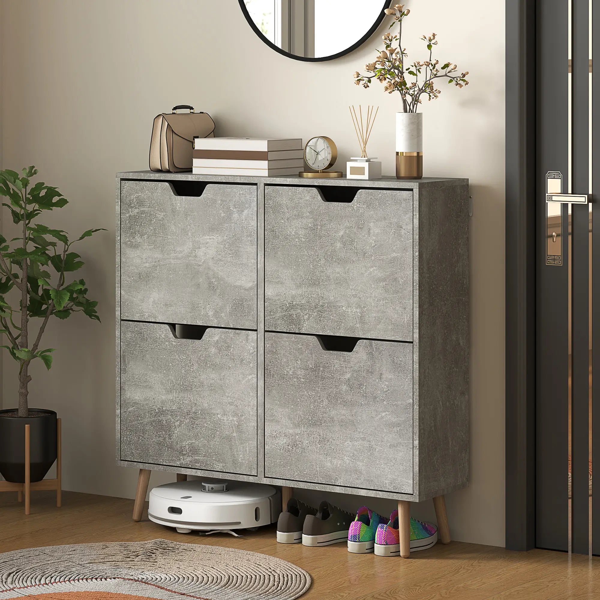 Shoe Storage Cabinet, 4 Flip Drawers, Adjustable Shelf, Holds 8-16 Pairs, Cement Grey Shoe Storage Cabinets & Racks at Gallery Canada