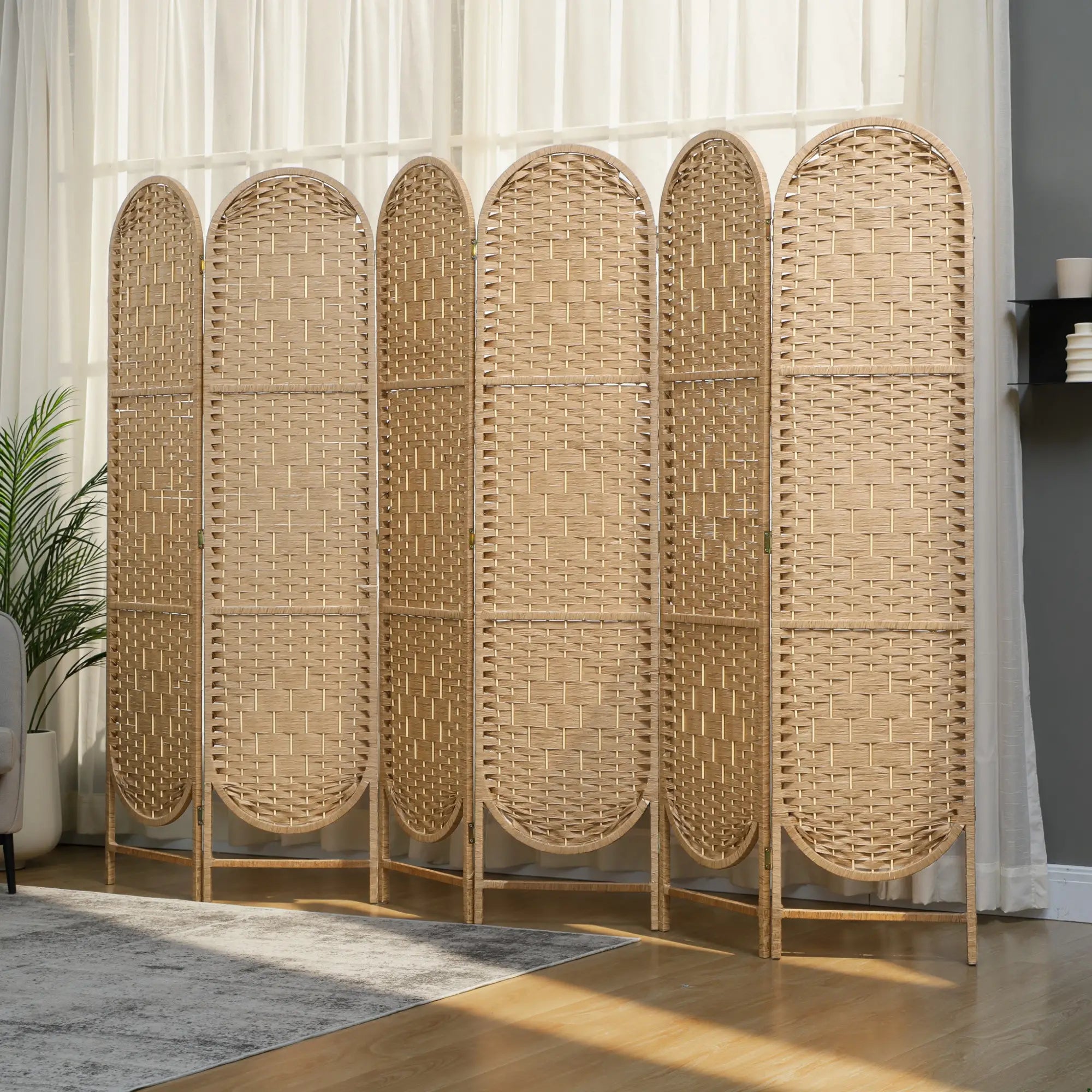 6 Panel Bohemian Privacy Screen, Arched Top Room Divider, Natural Wood Room Dividers at Gallery Canada