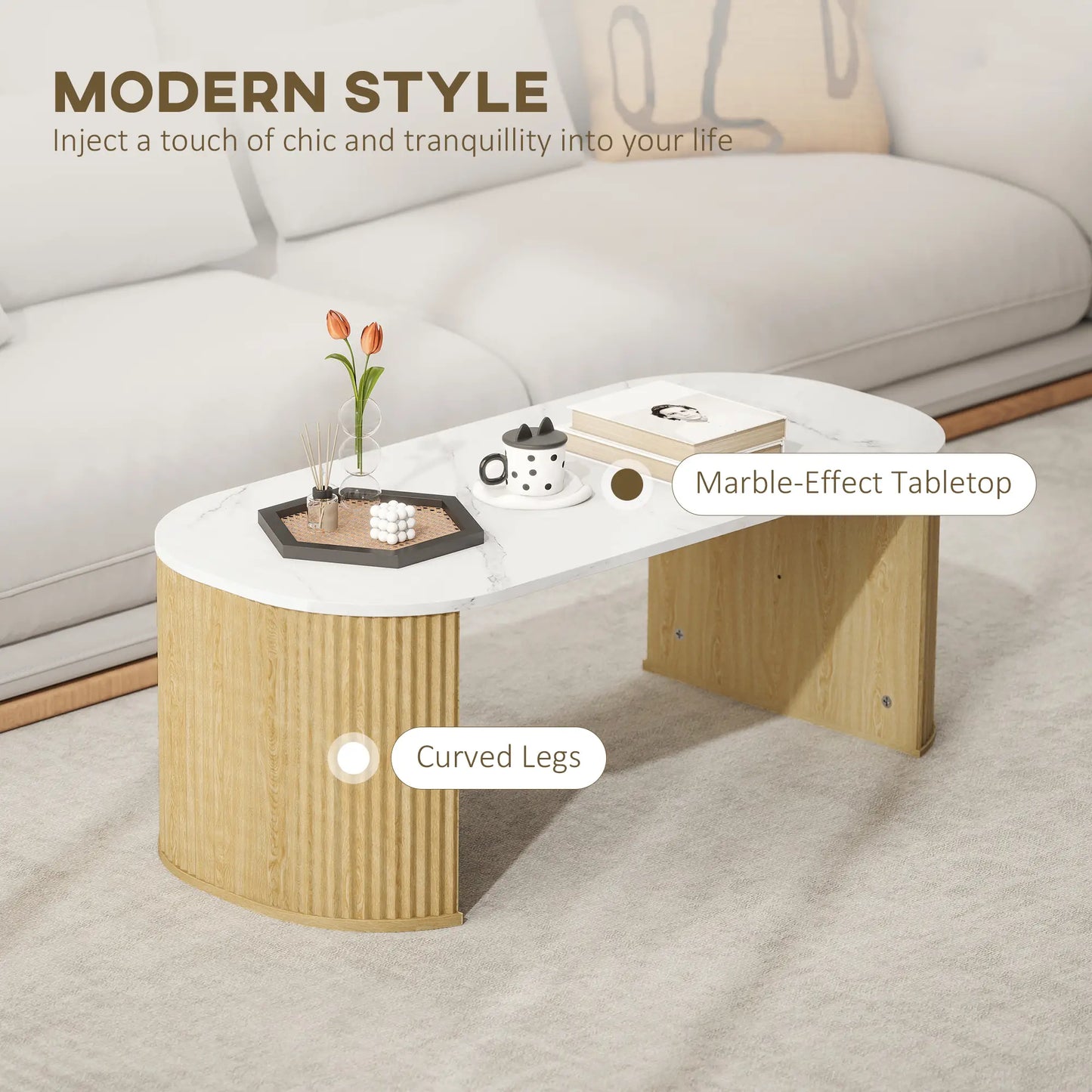 Modern Marble-Effect Coffee Table, Round Corners, Thicken Legs, Natural Wood Coffee Tables at Gallery Canada