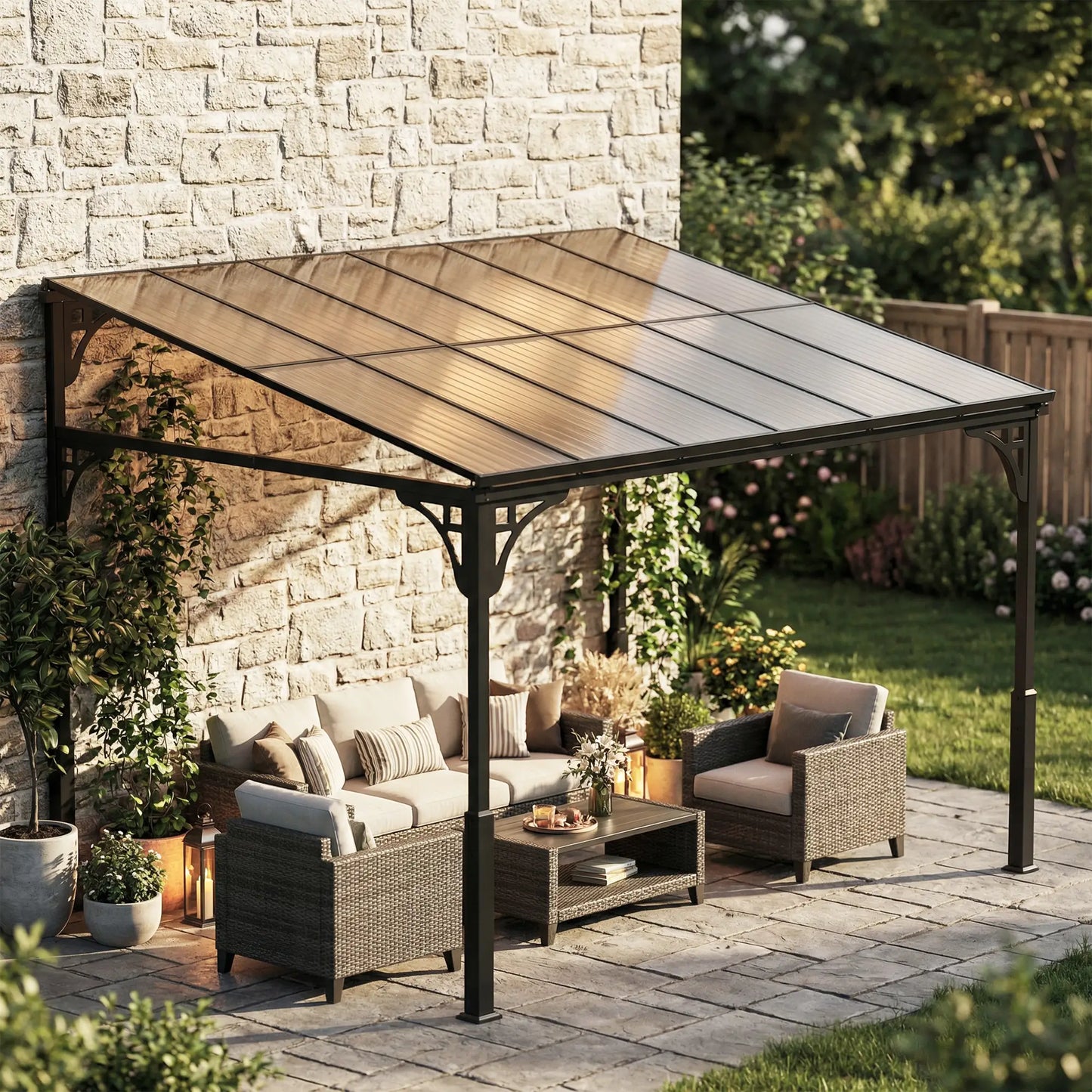 11' x 10' Outdoor Pergola, Wall Mounted Hardtop Gazebo, Polycarbonate Roof, Metal Frame Pergolas at Gallery Canada