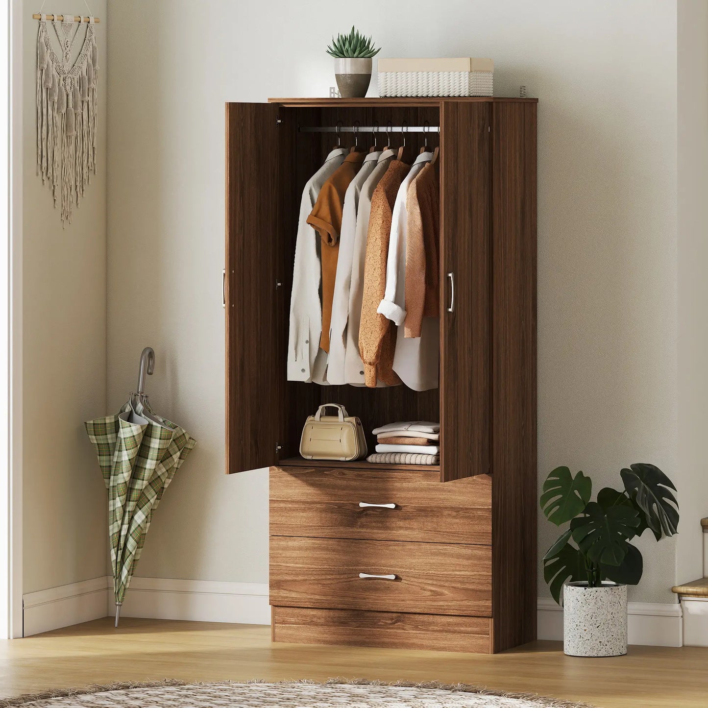 Wardrobe Closet, Hanging Rod, 2 Doors, 2 Drawers, Walnut Clothing Storage at Gallery Canada