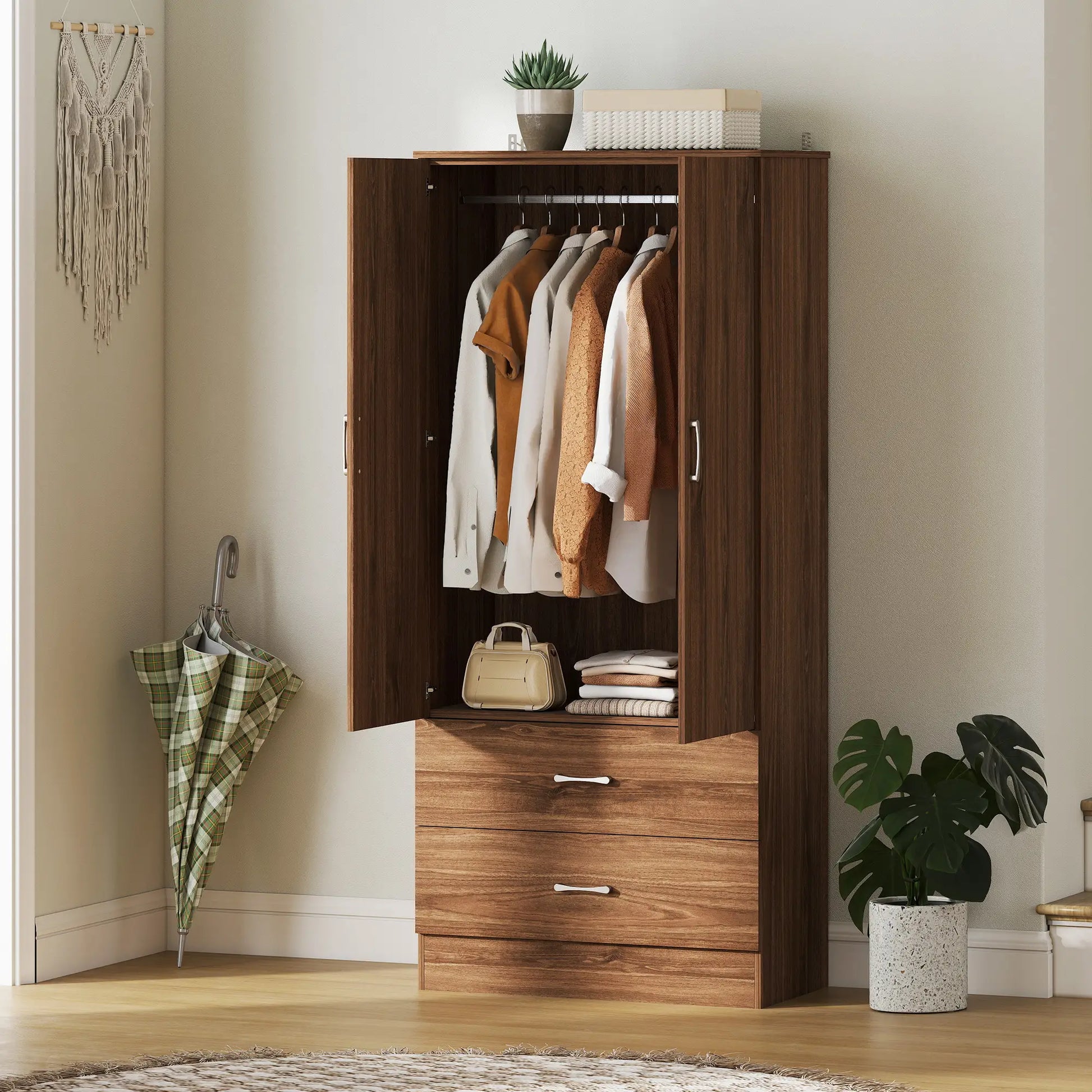 Wardrobe Closet, Hanging Rod, 2 Doors, 2 Drawers, Walnut Clothing Storage at Gallery Canada