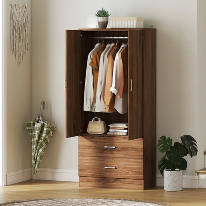 Wardrobe Closet, Hanging Rod, 2 Doors, 2 Drawers, Walnut Clothing Storage at Gallery Canada