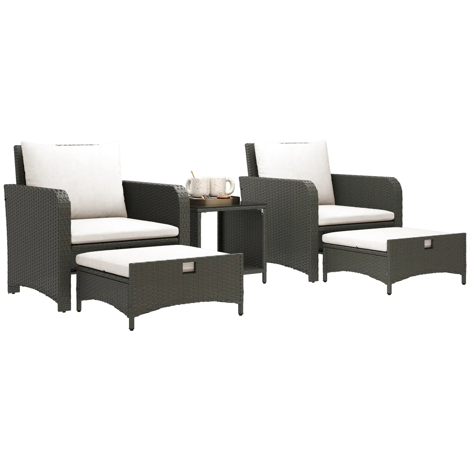 5 Piece Rattan Balcony Set, Wicker Outdoor Furniture, 2-Tier Coffee Table, Ottomans, Cream White, Grey Patio Furniture Sets at Gallery Canada