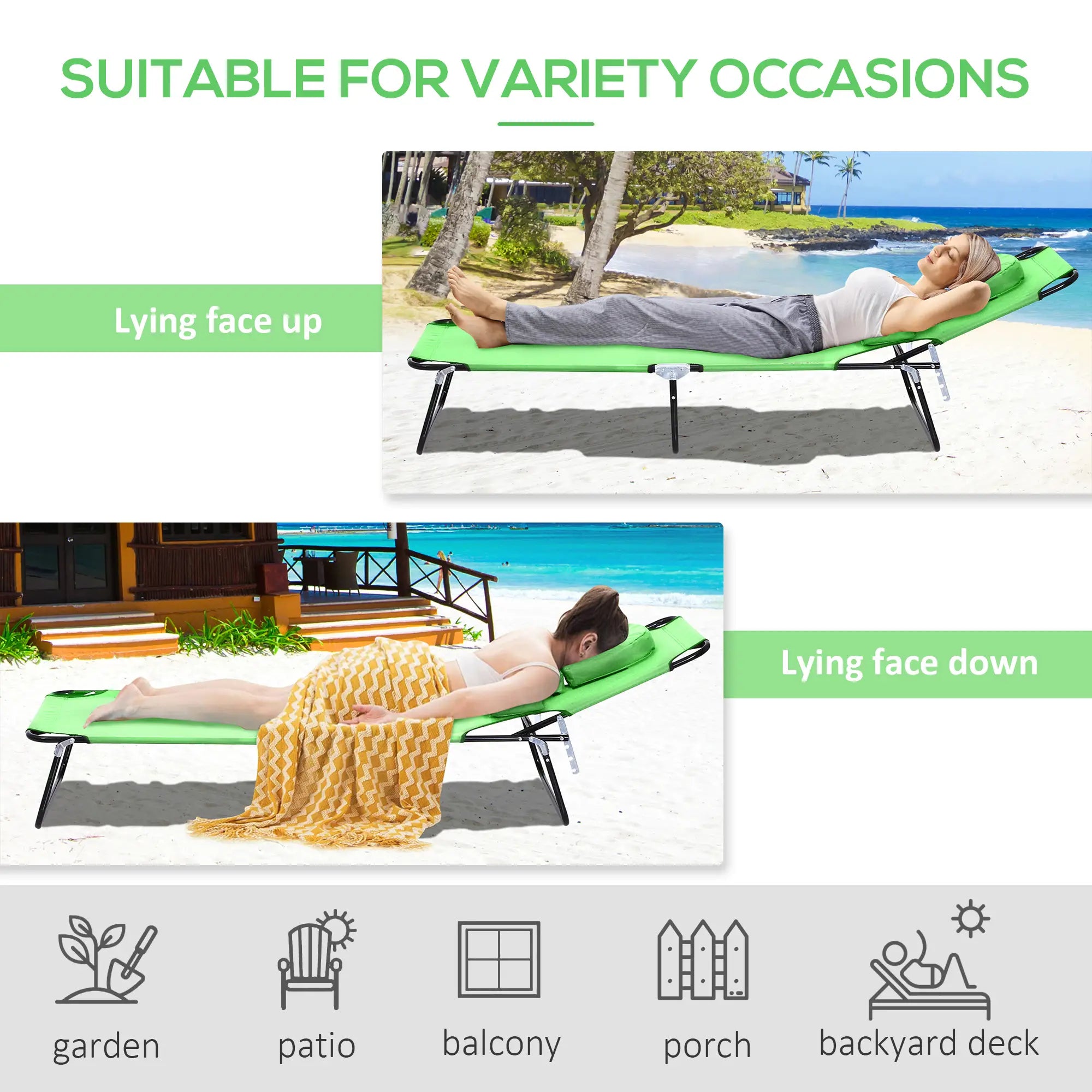 Adjustable Outdoor Lounge Chair, Folding Chaise with Face Hole, Green Lounger Chairs at Gallery Canada