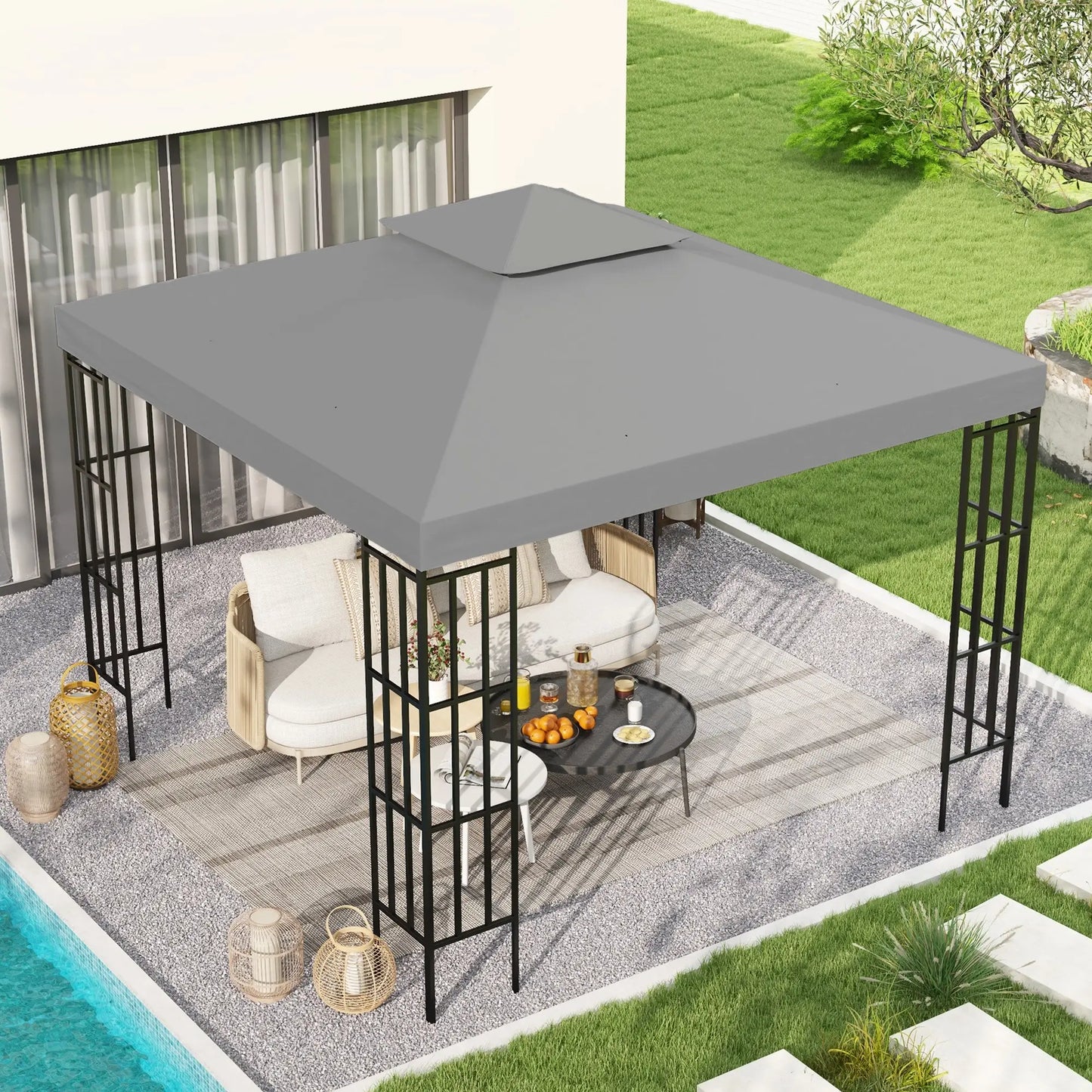 9.8' x 9.8' Square 2-Tier Gazebo Canopy Cover, Light Grey Gazebo Canopy Replacement at Gallery Canada