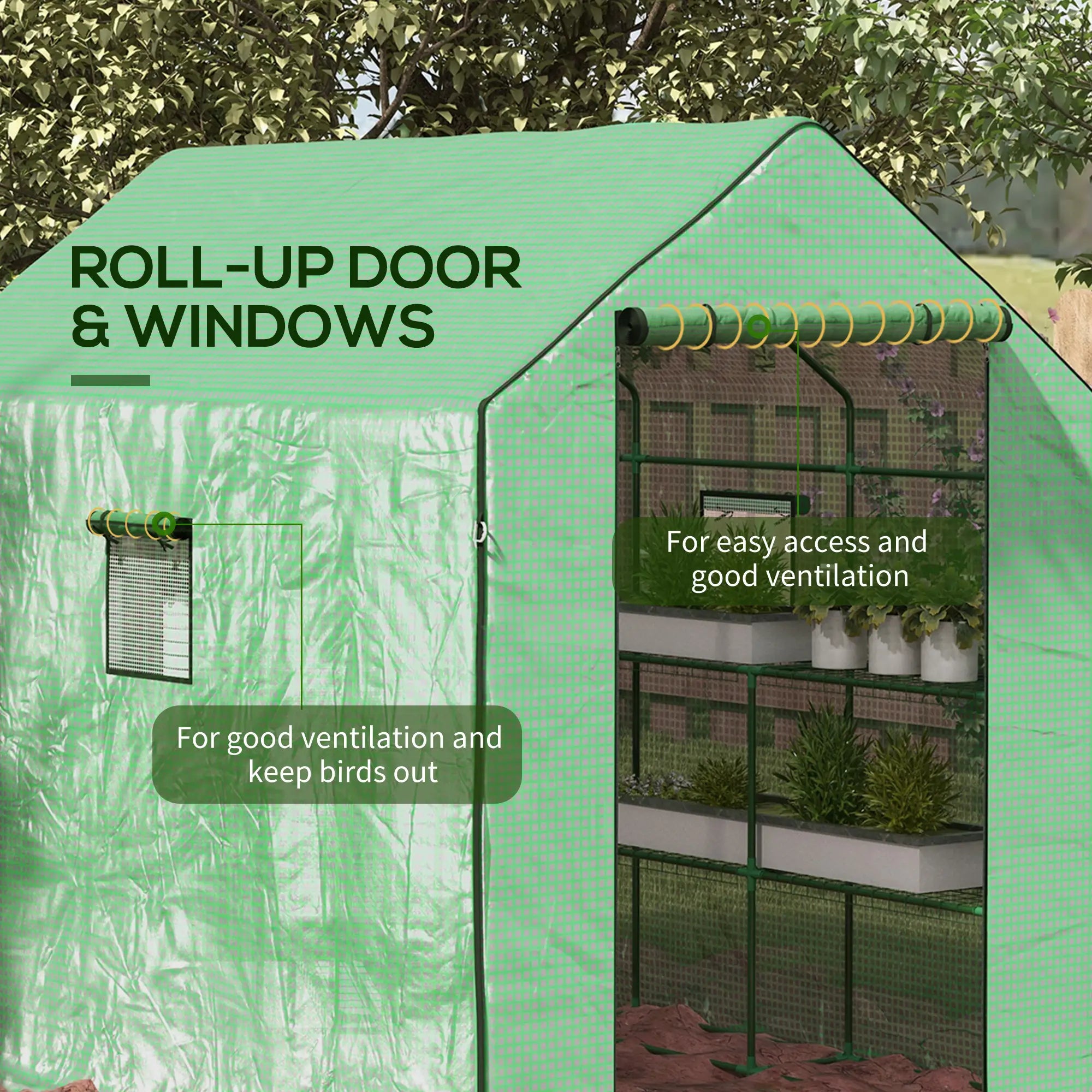 Walk-in Greenhouse, 3 Tier, Roll-up Door, Mesh Windows, 140 x 213 x 190 cm, Green Walk In Greenhouses at Gallery Canada