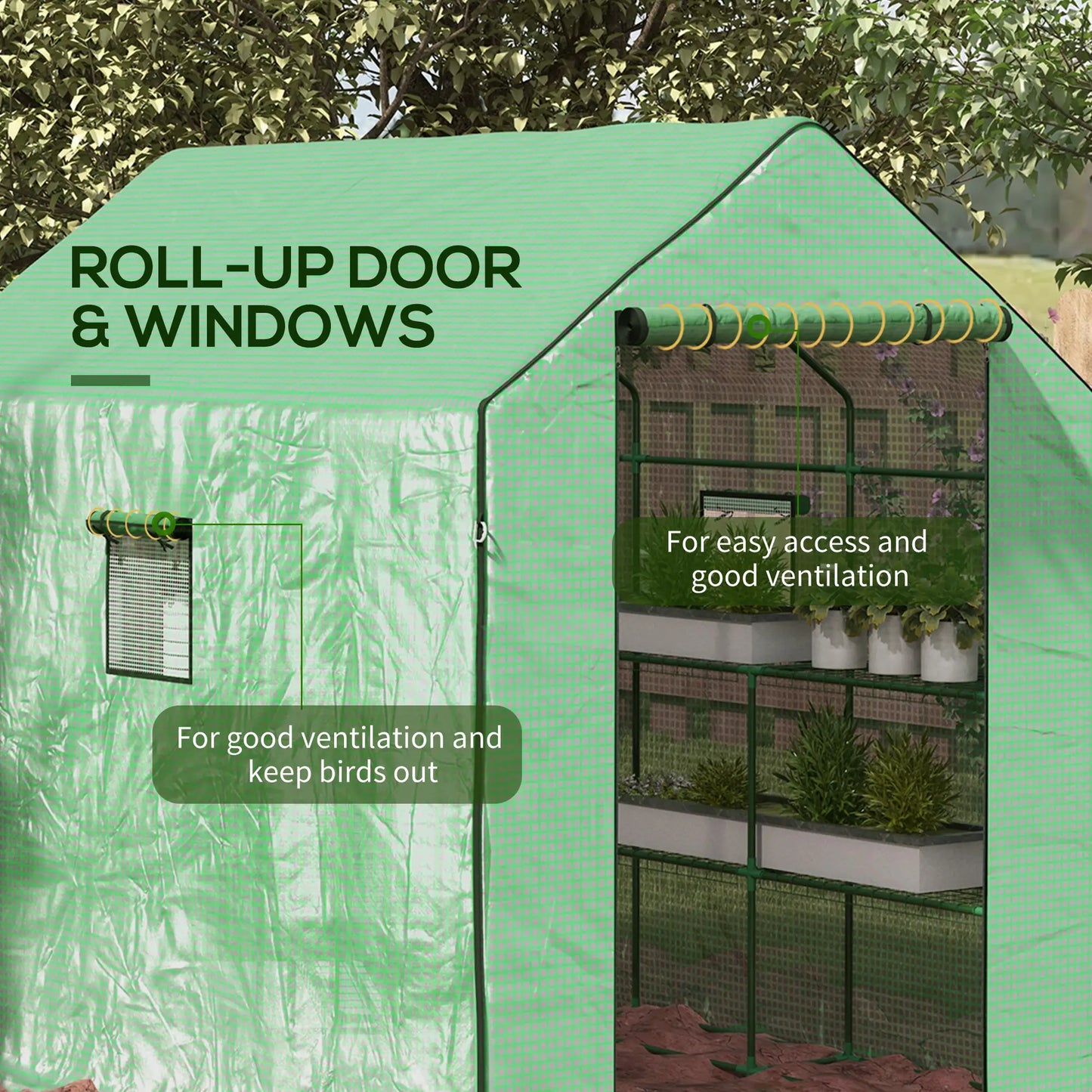 Walk-in Greenhouse, 3 Tier, Roll-up Door, Mesh Windows, 140 x 213 x 190 cm, Green Walk In Greenhouses at Gallery Canada