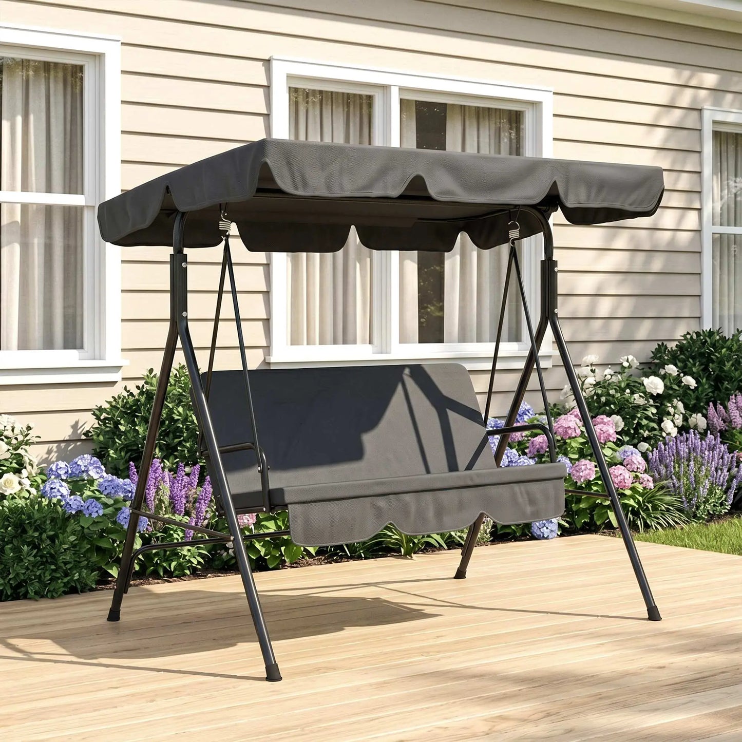 3-Seater Outdoor Porch Swing, Adjustable Canopy, Black Patio Swings with Stand at Gallery Canada