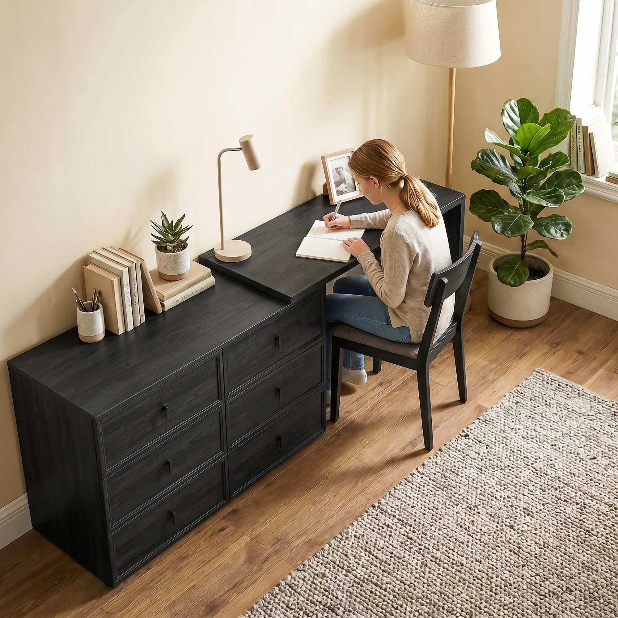 L Shaped Computer Desk, 6 Drawers, Wood Grain, Black Computer Desks at Gallery Canada