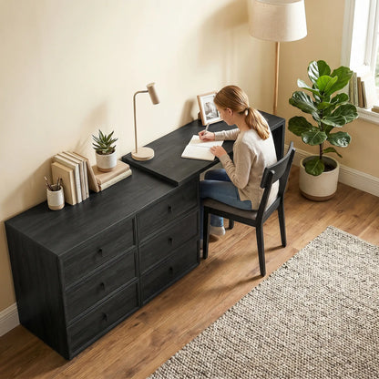 L Shaped Computer Desk, 6 Drawers, Wood Grain, Black Computer Desks at Gallery Canada