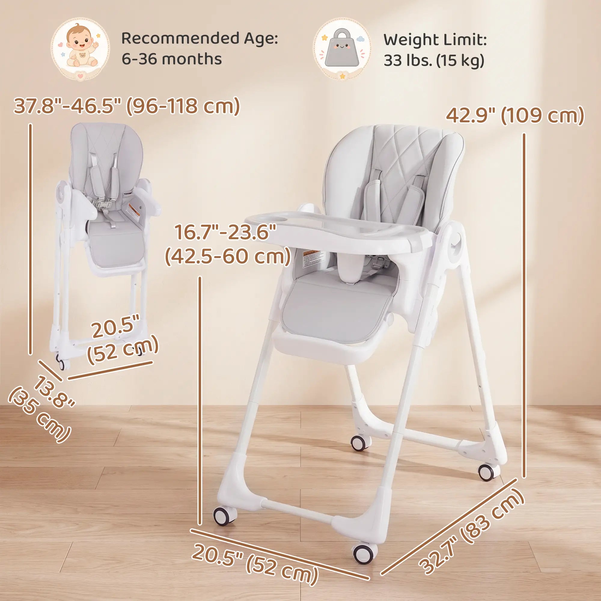 High Chair with Wheels, Double Tray, Foldable Baby Seat with Adjustable Seat Height, Backrest, Footrest and Tray, Grey Kids Chairs & Seating at Gallery Canada
