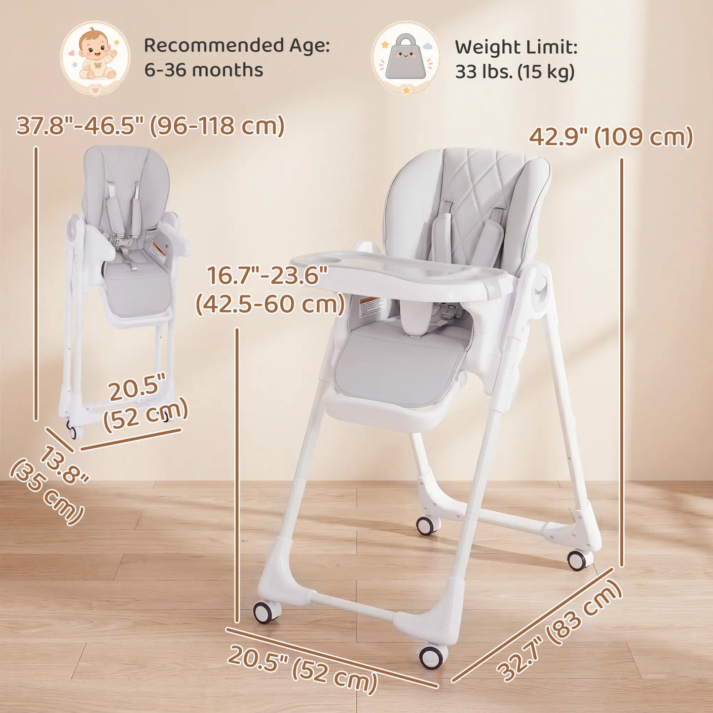 High Chair with Wheels, Double Tray, Foldable Baby Seat with Adjustable Seat Height, Backrest, Footrest and Tray, Grey Kids Chairs & Seating at Gallery Canada