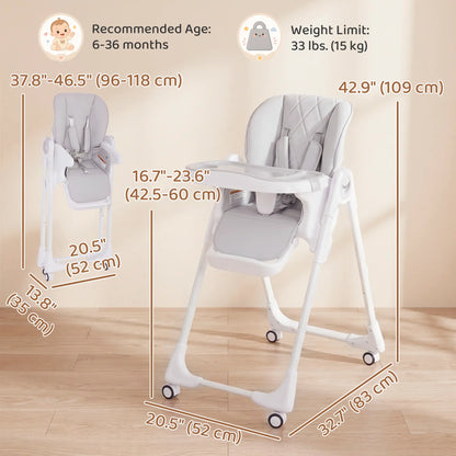 High Chair with Wheels, Double Tray, Foldable Baby Seat with Adjustable Seat Height, Backrest, Footrest and Tray, Grey Kids Chairs & Seating at Gallery Canada