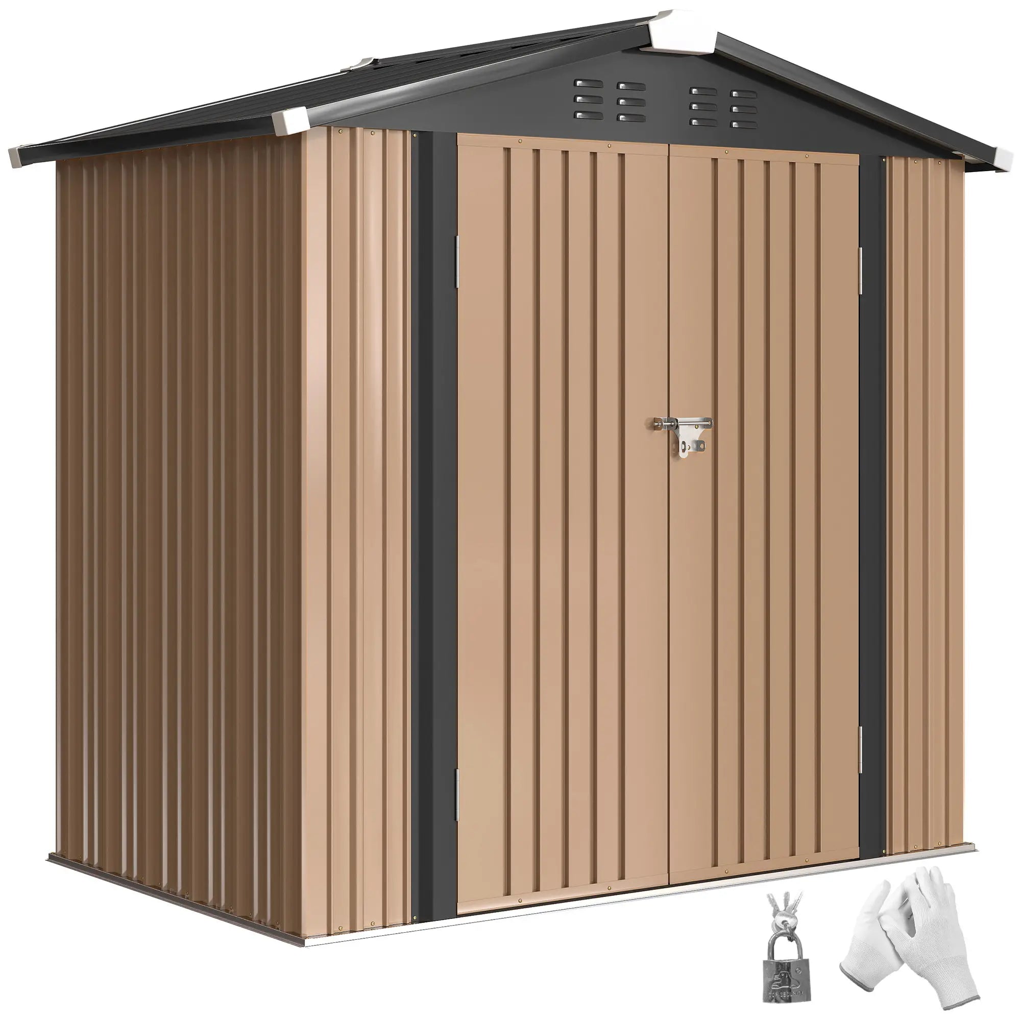 6.5' x 4' Metal Outdoor Storage Shed, Lockable Double Doors, 4 Vents, Brown Sheds at Gallery Canada