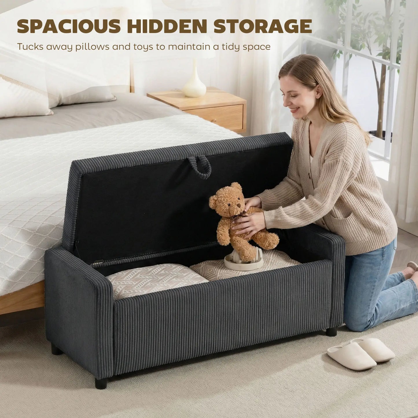 Upholstered Corduroy Storage Ottoman, Dark Grey Storage Ottomans & Benches at Gallery Canada