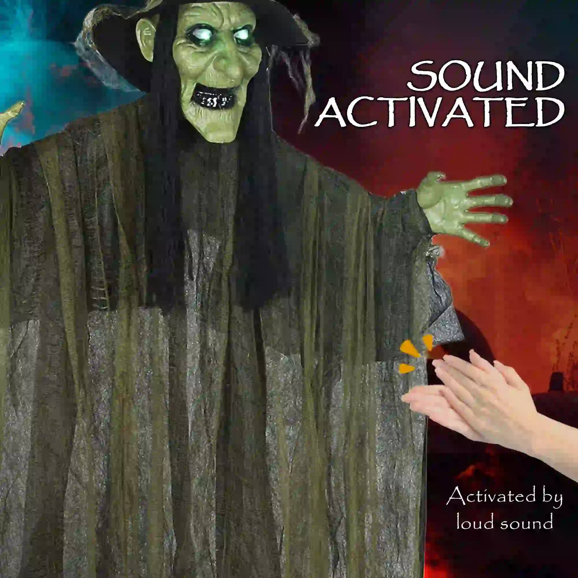 Animatronics Hanging Witch, Voice Activated, Flashing Eyes, Green Halloween Decorations at Gallery Canada