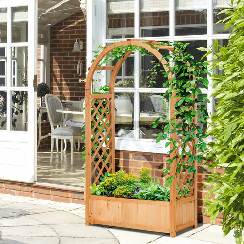 Raised Garden Bed with Arch Trellis, Outdoor Planter Box for Vine Plants, Brown