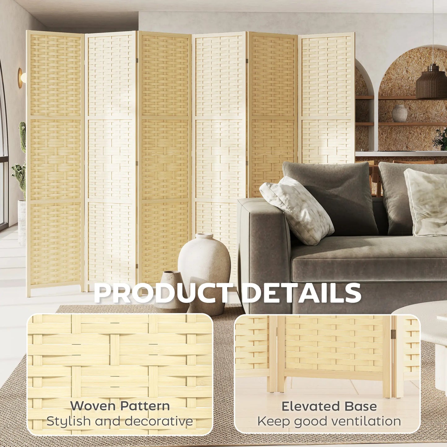 6-Panel Room Divider, 5.6 FT Freestanding Folding Privacy Screen, Natural Wood Room Dividers at Gallery Canada