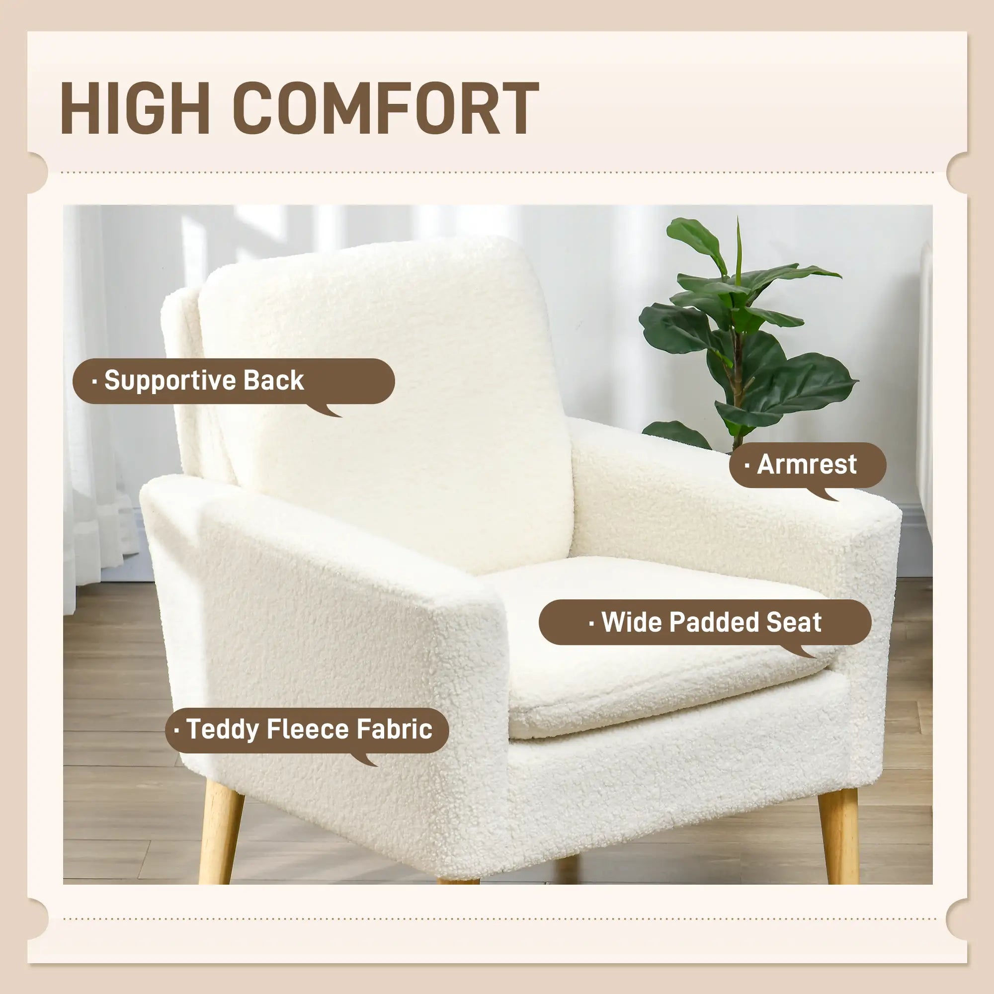 Modern Fabric Accent Chair, Upholstered Armchair with Wood Legs, Cream White Accent Chairs at Gallery Canada