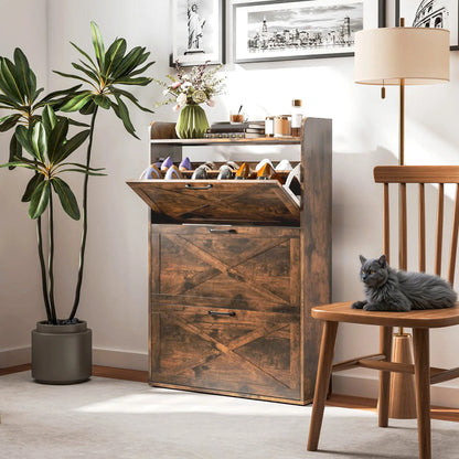 Narrow Shoe Storage Cabinet, 3 Flip Drawers, Adjustable Shelves, Rustic Brown Shoe Storage Cabinets & Racks at Gallery Canada