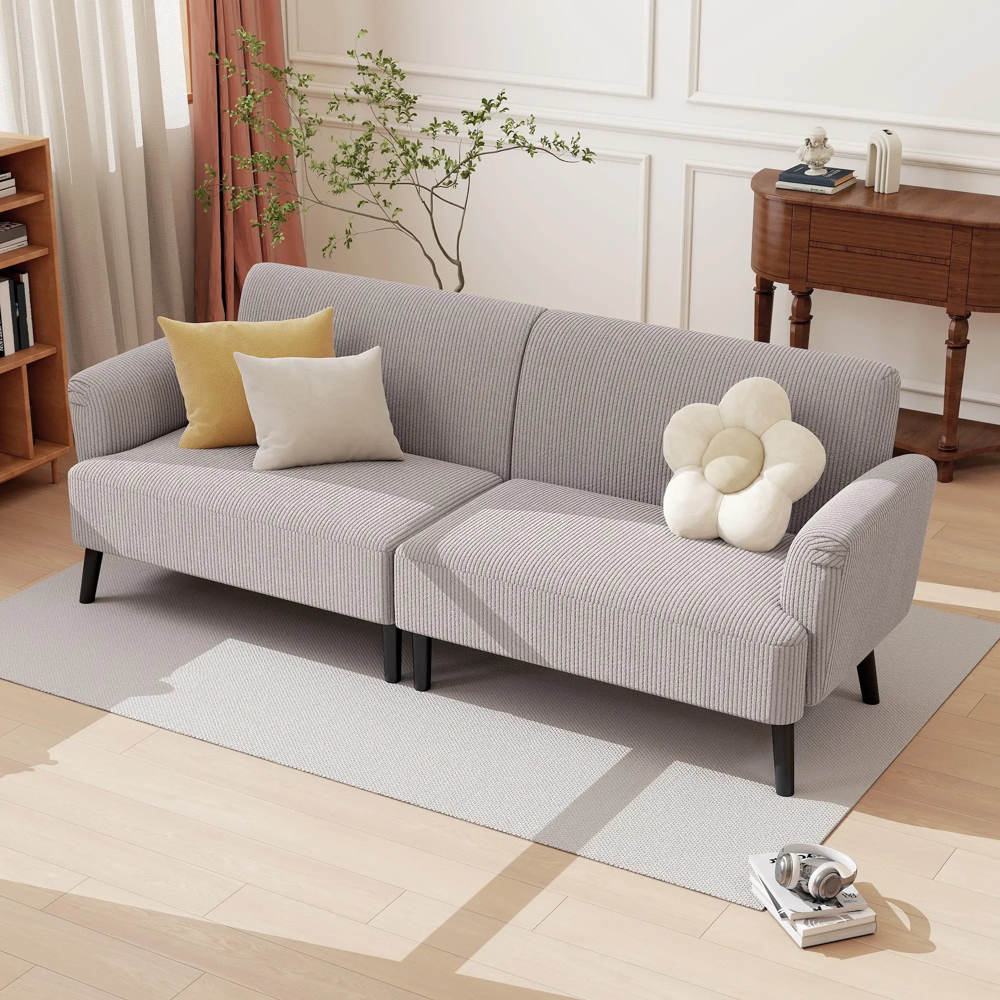 Modern 3 Seater Sofa, Corduroy Loveseat, Rubberwood Legs, Beige 3-Seater Sofas at Gallery Canada