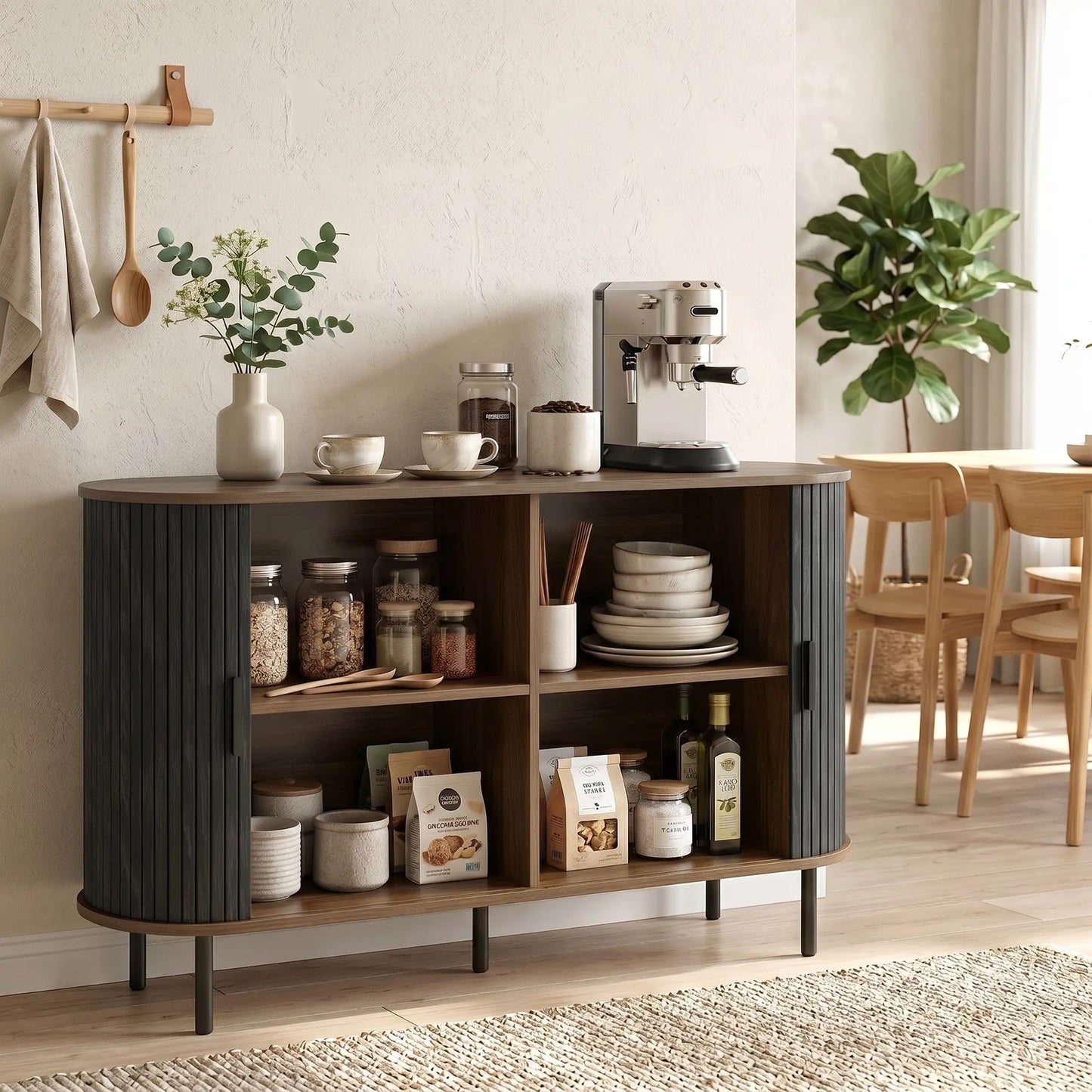 Fluted Sideboard Buffet Cabinet, 55", Black