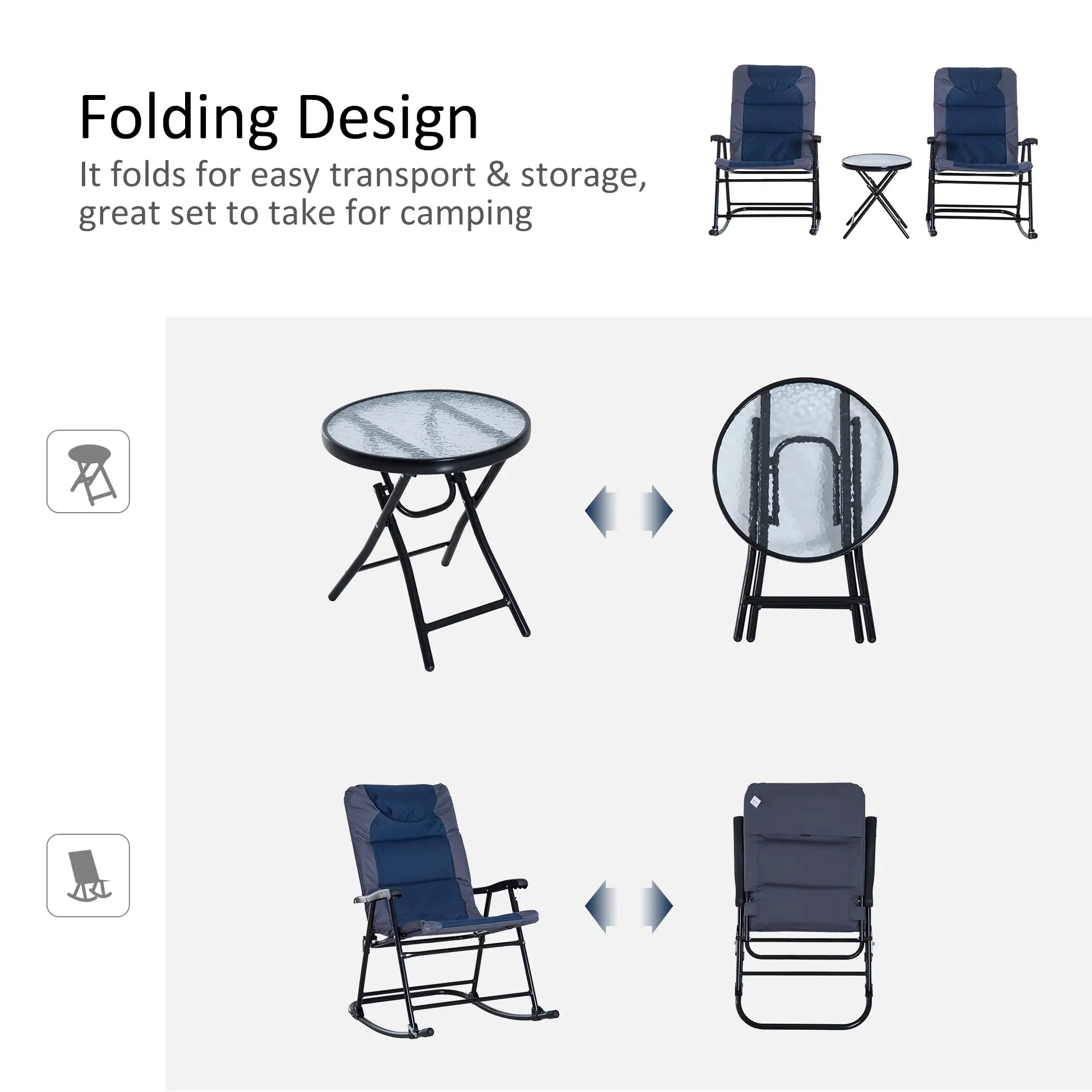 3pc Foldable Rocking Chair Set, Outdoor Bistro w/ Padded Seat, Blue Outdoor Rocking Chairs at Gallery Canada