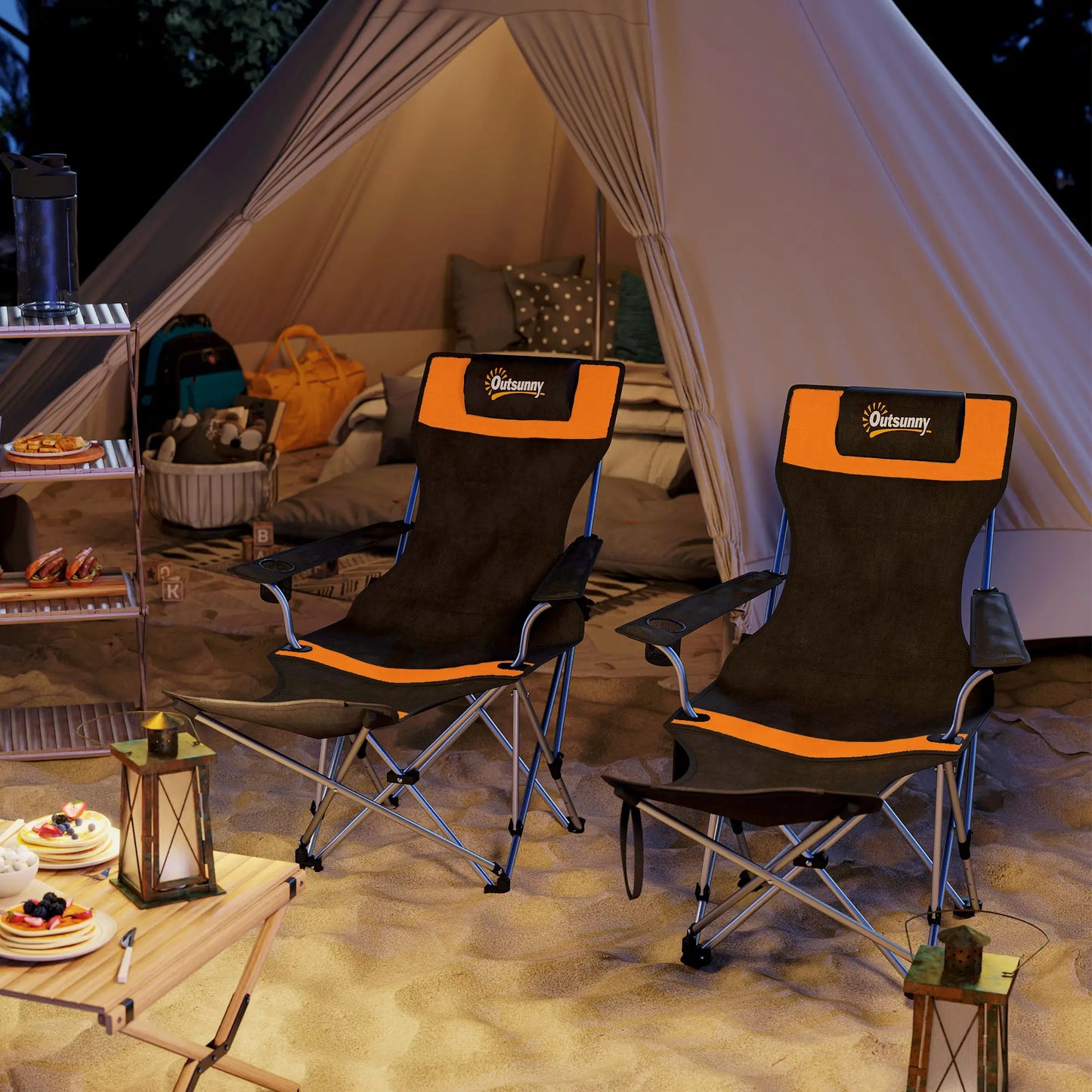 Reclining Camping Chair Set With Foot Rest, Headrest, Cup Holder, Storage Bag, Orange Picnic Tables & Camping Chairs at Gallery Canada