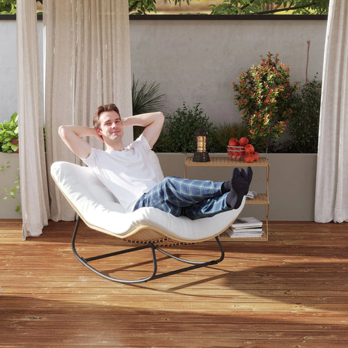 Oversized Rattan Patio Egg Chair, Rocking Chair With Padded Cushion, Cream White