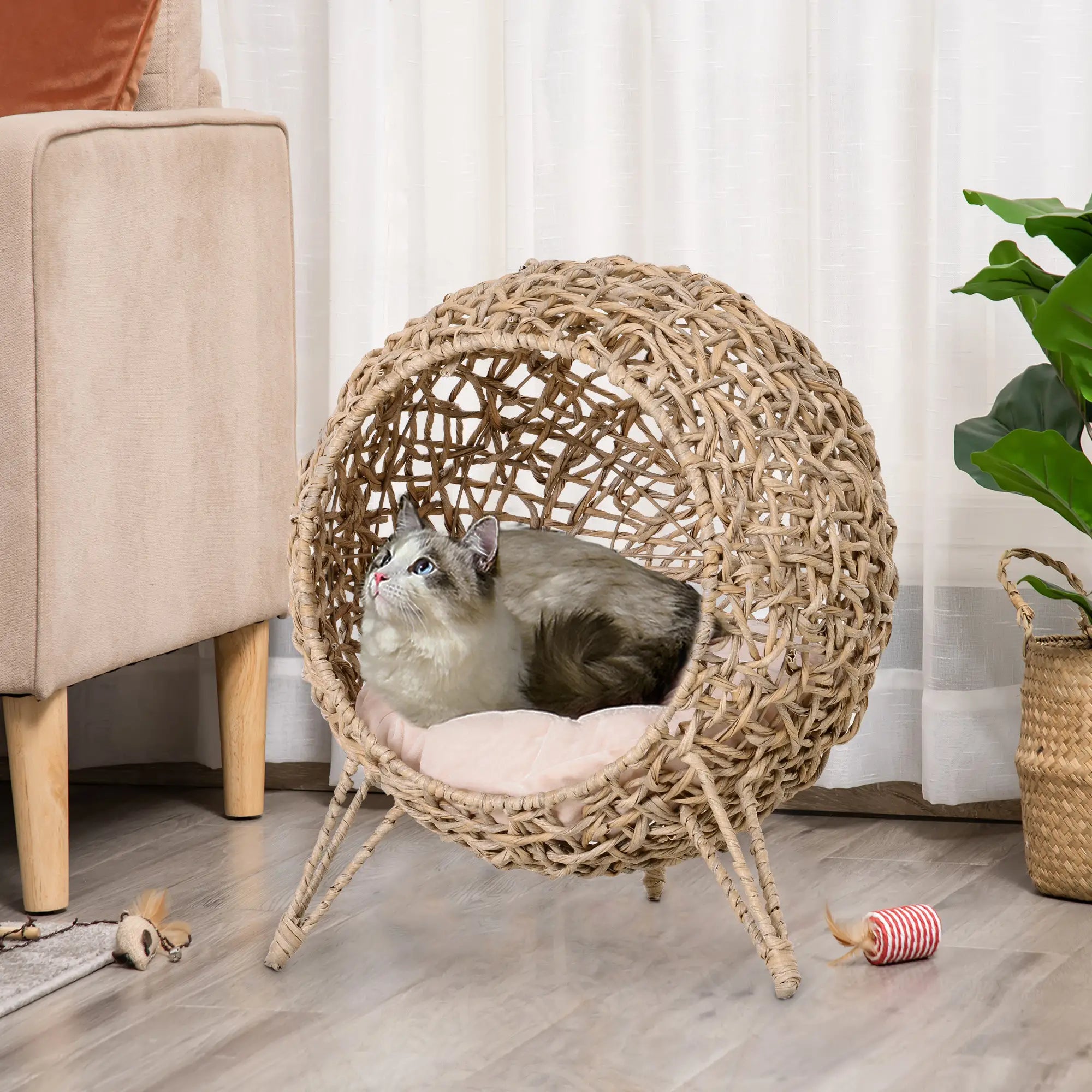 Rattan Cat House with Cushion, Elevated Wicker Kitten Bed, Natural Wood Cat Houses at Gallery Canada