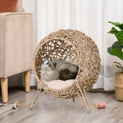 Rattan Cat House with Cushion, Elevated Wicker Kitten Bed, Natural Wood Cat Houses at Gallery Canada