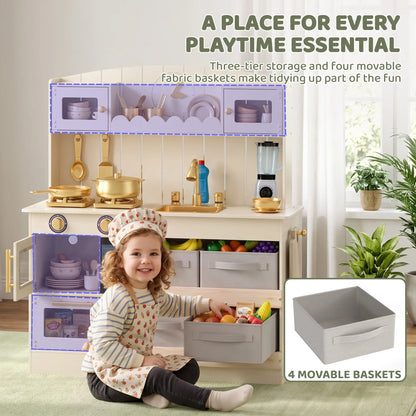 Ensemble de cuisine en bois pour enfants, lumières, sons, 12 pièces, crème
