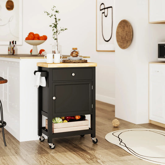Rolling Kitchen Cart, Wood Top with Towel Rack, Drawer, Shelf, Black Kitchen Islands & Kitchen Carts Black, Oak at Gallery Canada